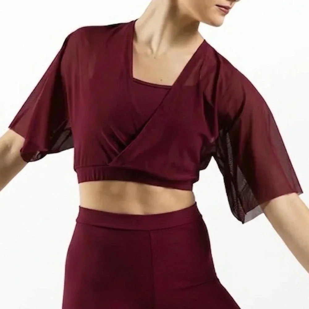 Balera Dancewear Kids Black Cherry Flutter Sleeve Crop Top and Shorts Set CS